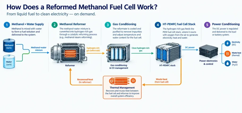 Principe de fonctionnement d'une pile à combustible au méthanol reformé (RMFC) : reformage du méthanol, production d'hydrogène et production d'électricité par une pile à combustible PEM